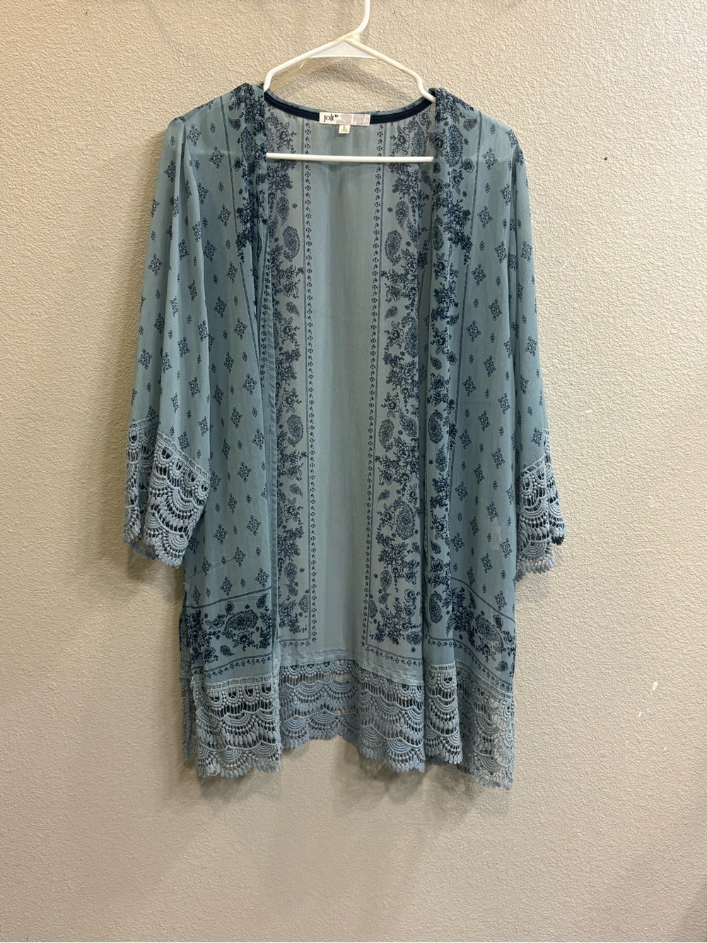 Jolt Dusty Blue Lace-Trim Open Front Kimono